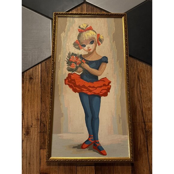 VTG Framed MCM 1960s Big Eyed Ballerina Girl Oil Painting On Canvas Maio 3D Text - Picture 1 of 5